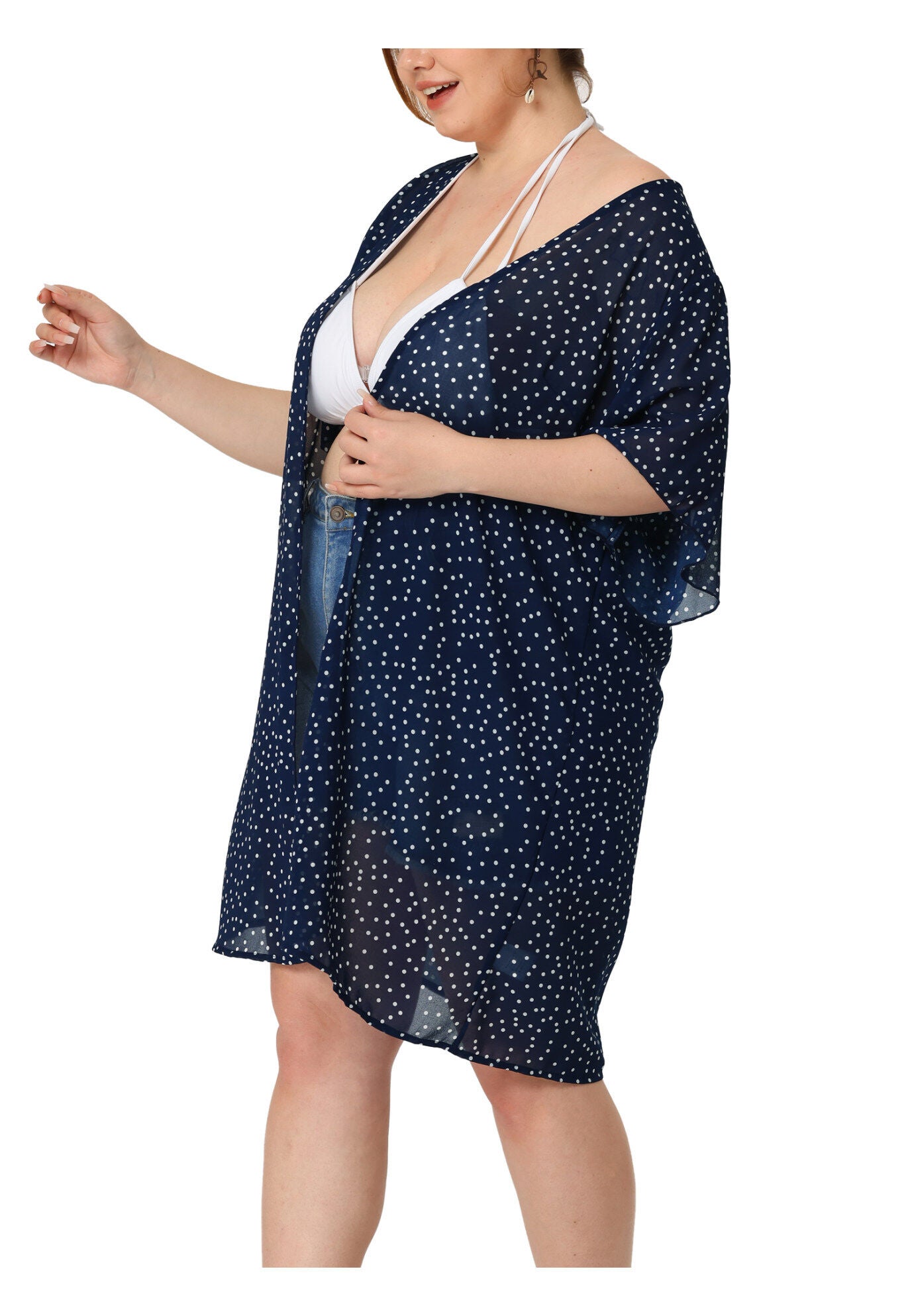SHORT SLEEVE BIKINI POLKA DOTS KIMONO COVER UP, Dark Blue / Navy, alternate image number 1