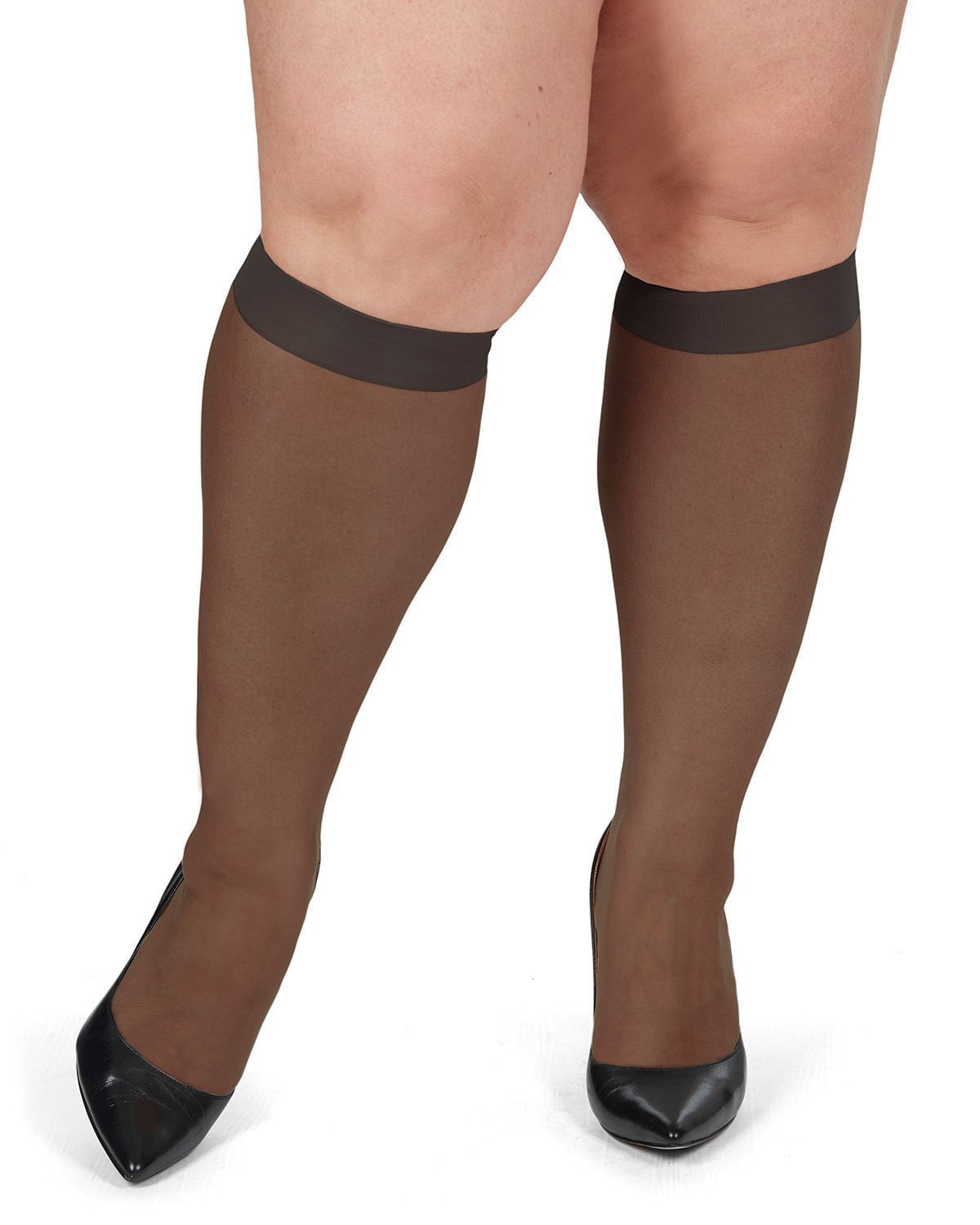 Silky Sheer Plus Size Curvy Knee High Stockings 2 Pack, Off Black / Black, alternate image number 1