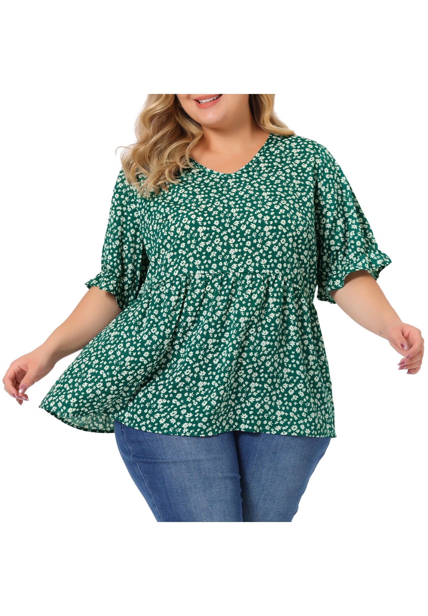 Floral Peplum Top V Neck Ruffle Short Sleeve Babydoll Blouse, Green / Kelly Green, alternate image number 2