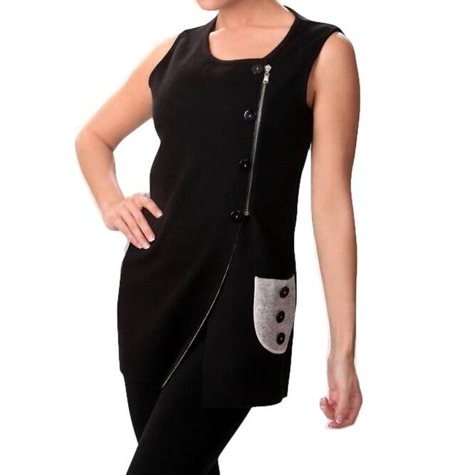 2-TONE ASYMMETRICAL ZIP VEST IN BLACK/STONE, BlackStone / Black, hi-res image number 0