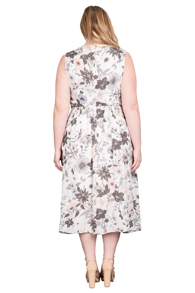 Floral Print Sleeveless V-Neck Maxi A-Line Dress, White Floral / Light Grey, alternate image number 1