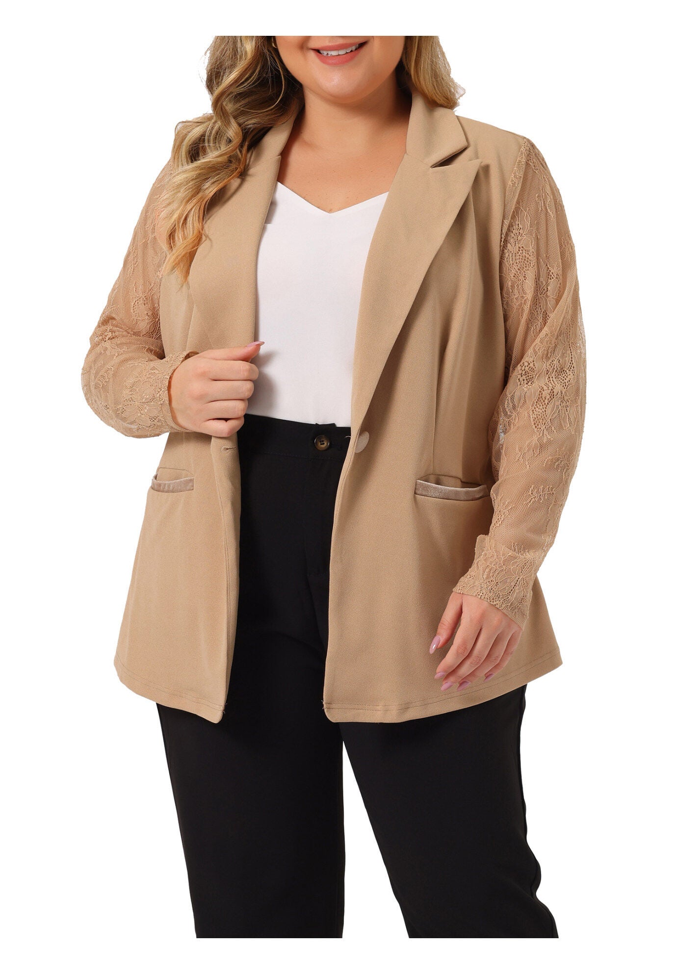 NOTCH LAPEL LACE FRONT BLAZER JACKET, Khaki / Brown, alternate image number 2