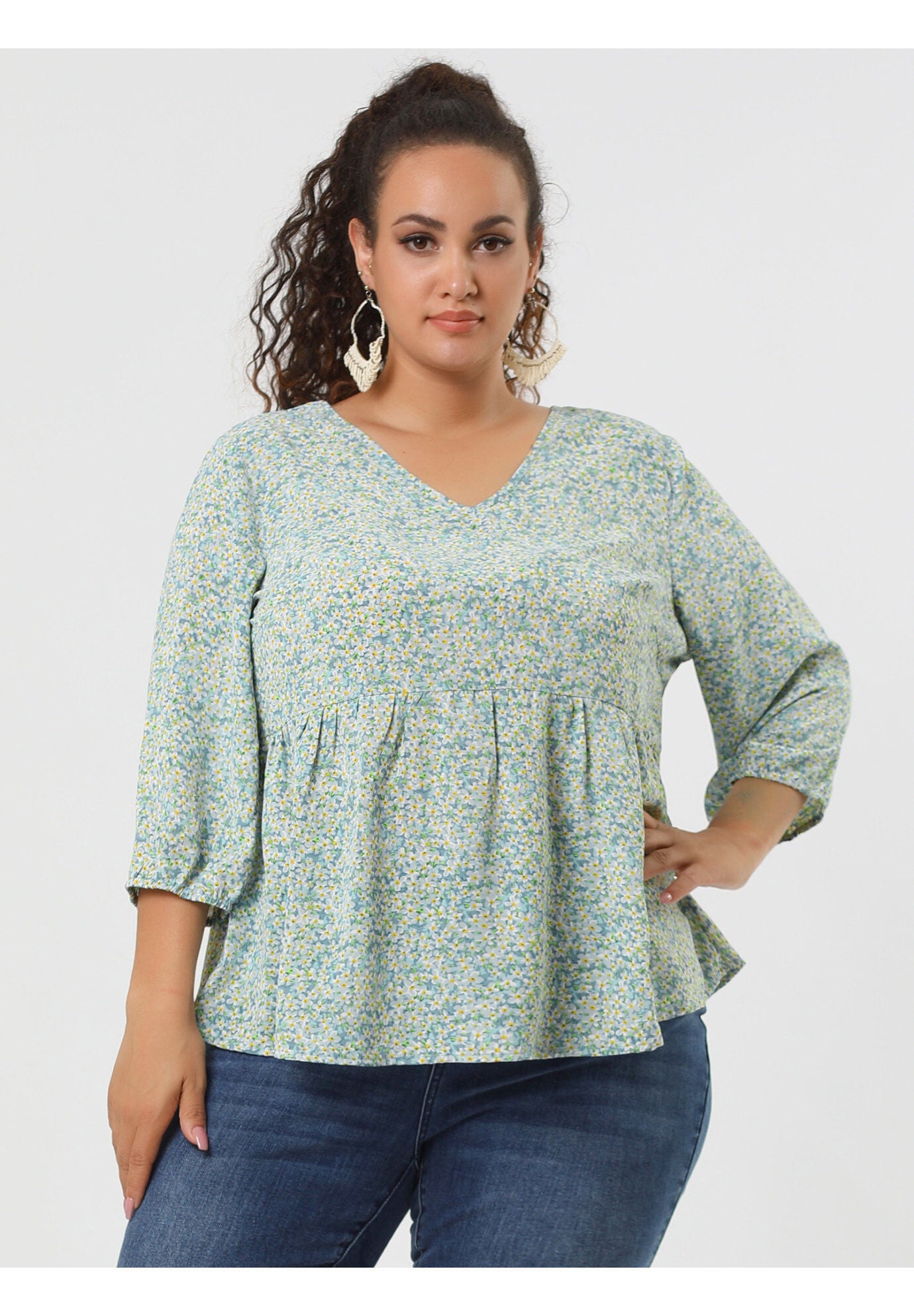 V Neck Babydoll Flowy 3/4 Lantern Sleeve Floral Blouse, Light Blue / Light Blue, alternate image number 4