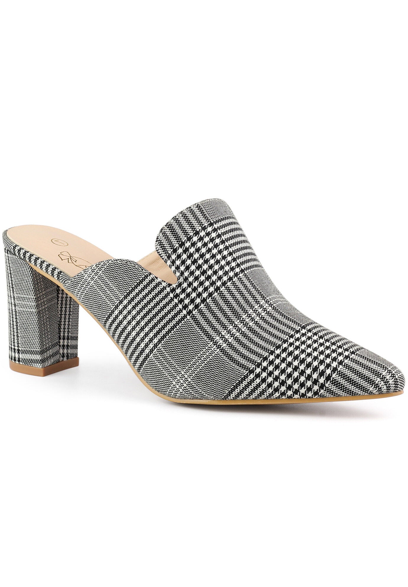 Pointed Toe Slip on Chunky Heels Houndstooth Slide Mules, Black White / Cool Gray, hi-res image number 0