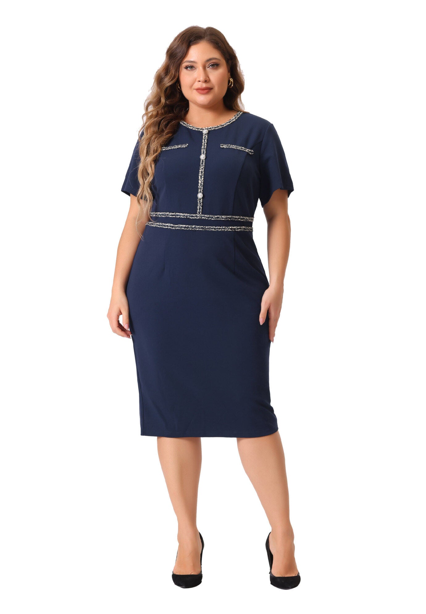 Button Crew Neck Bodycon Pencil Dress, Navy Blue / Black, hi-res image number 0