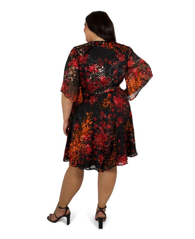 Floral Burnout Faux Wrap Dress, RedBlack / Red, alternate image number 1