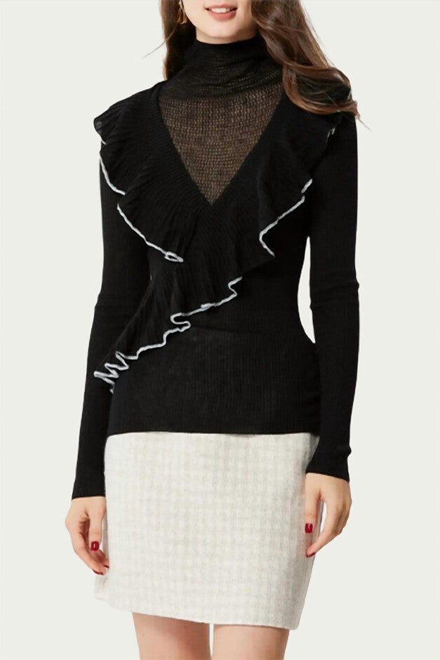 CALISTA LAYERED-EFFECT RUFFLED TURTLENECK TOP IN BLACK, Black / Black, hi-res image number 0