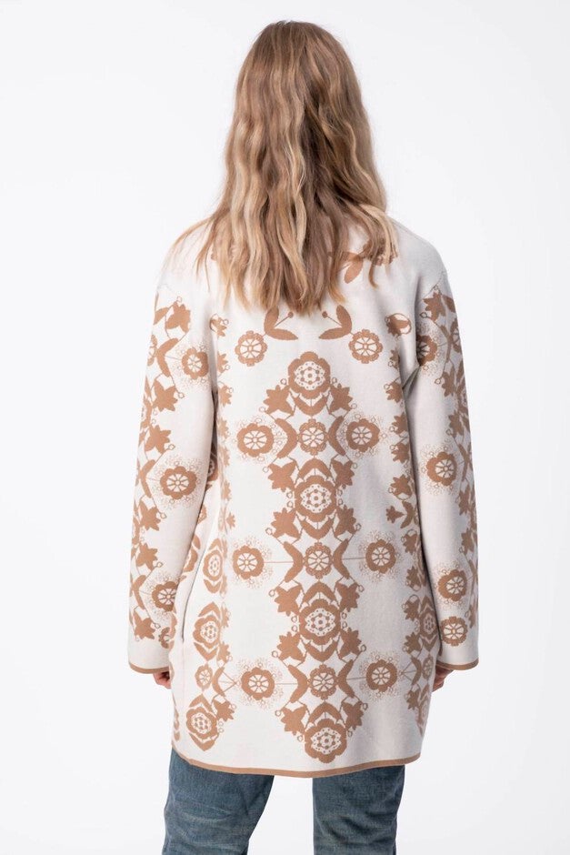MAGNIFIQUE JACQUARD SHORT V NECK CARDIGAN IN BEIGE, , alternate image number null