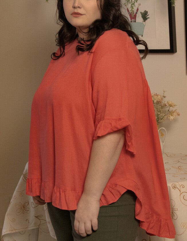 Mylene Top Relaxed Linen Blend Frilled High Low Hem, Mango / Orange, alternate image number null