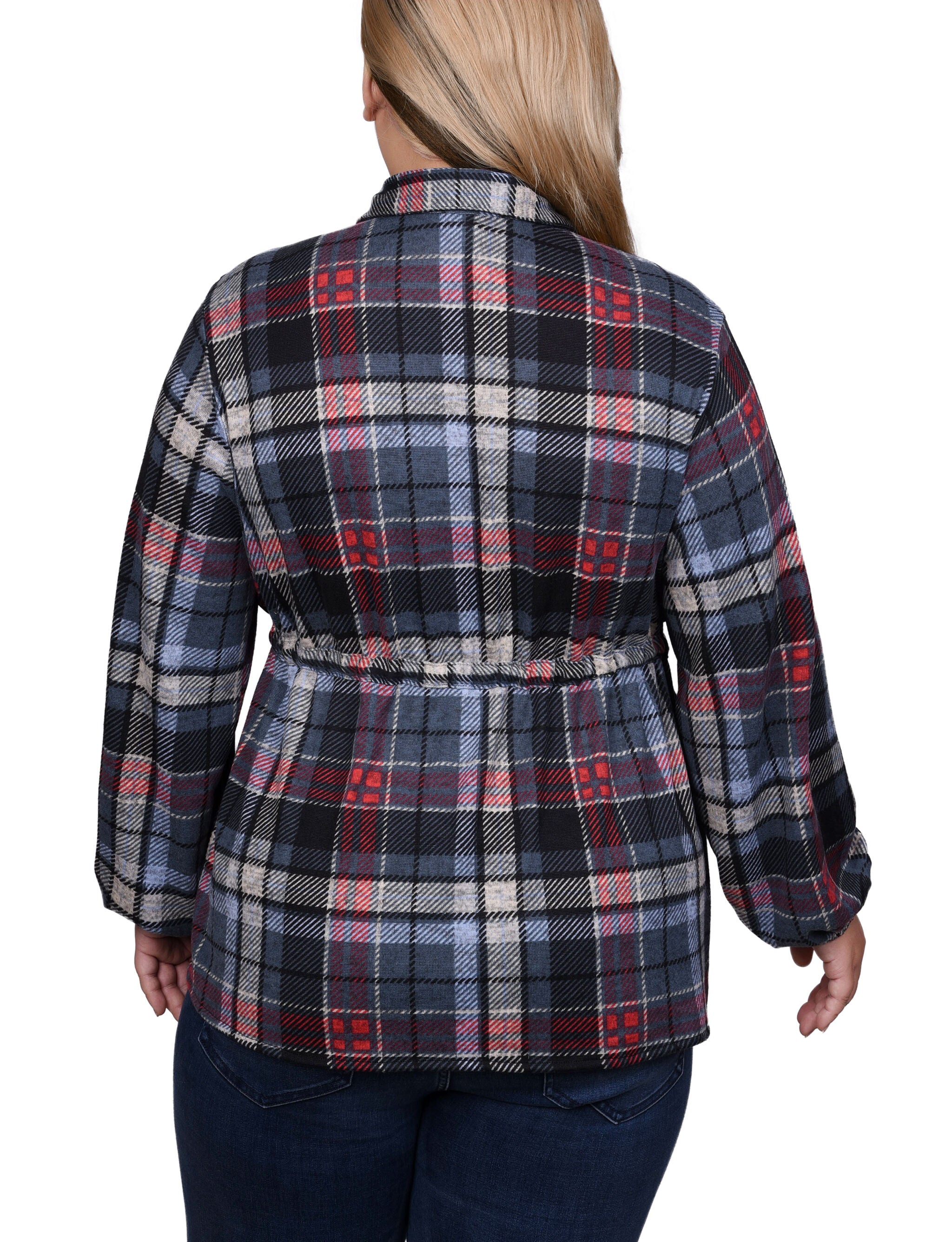 Long Dolman Sleeve Drawstring-Waist Tunic Top, Red Denim Plaid, alternate image number 1