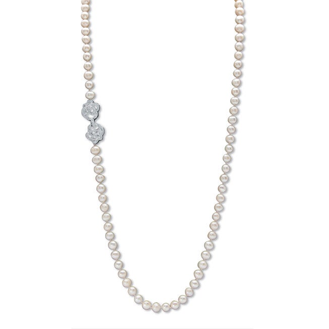 1.42 Cttw. White Genuine Pearl Necklace W/Cubic Zirconia Clasp Silvertone 32 inches, White / White, hi-res image number 0