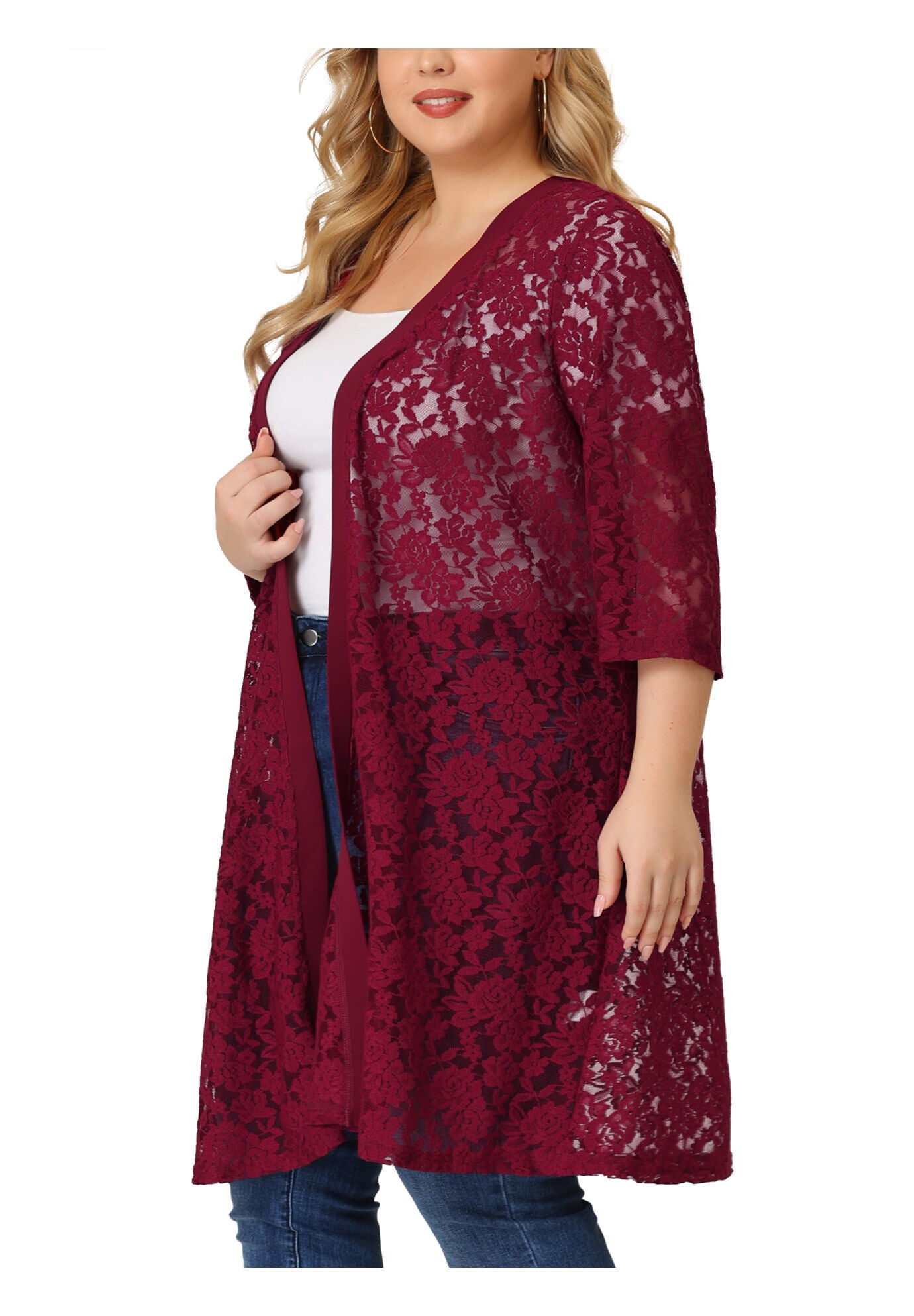 LACE CROCHET 3/4 SLEEVE COVER UP CARDIGAN, Burgundy / Red, hi-res image number 0