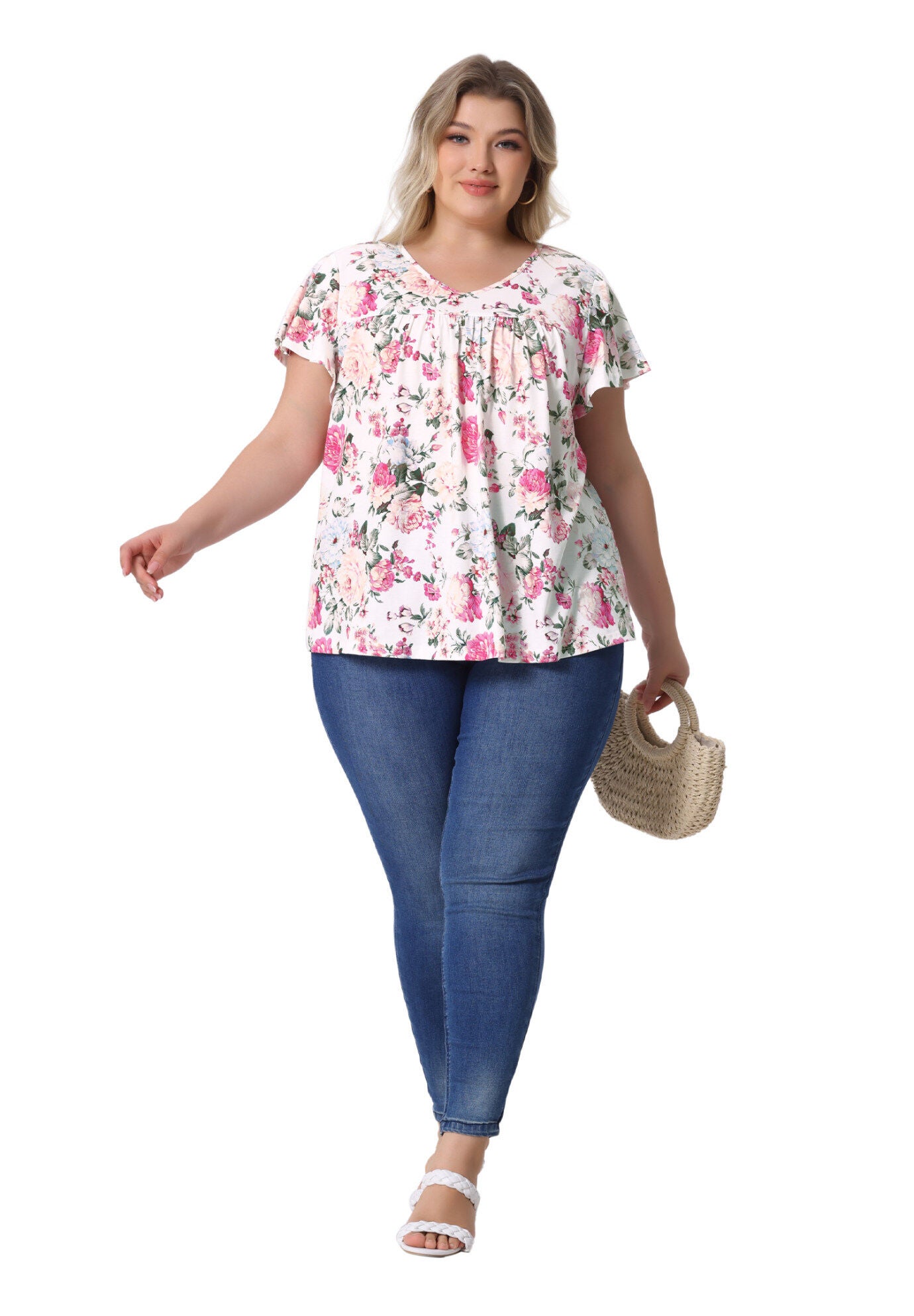 V Neck Ruffle Short Sleeve T-Shirt Tee Top, White Pink / White, hi-res image number 0