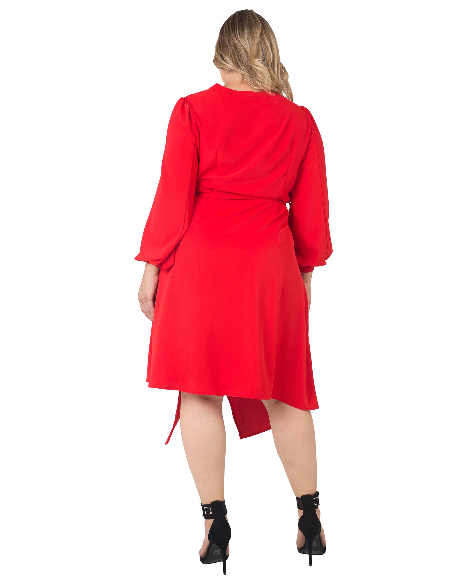 Standards & Practices Asymmetrical Hem Button-Up Wrap Lantern Sleeve Dress, CHERRY / Red, alternate image number 3