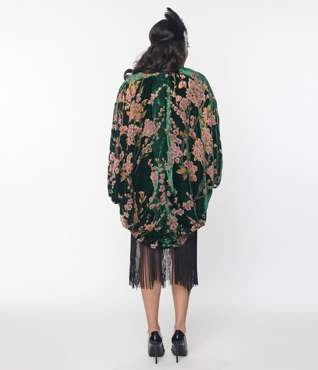 Unique Vintage Emerald Green Floral Burnout Velvet Kimono, Emerald Green / Hunter Green, hi-res image number null
