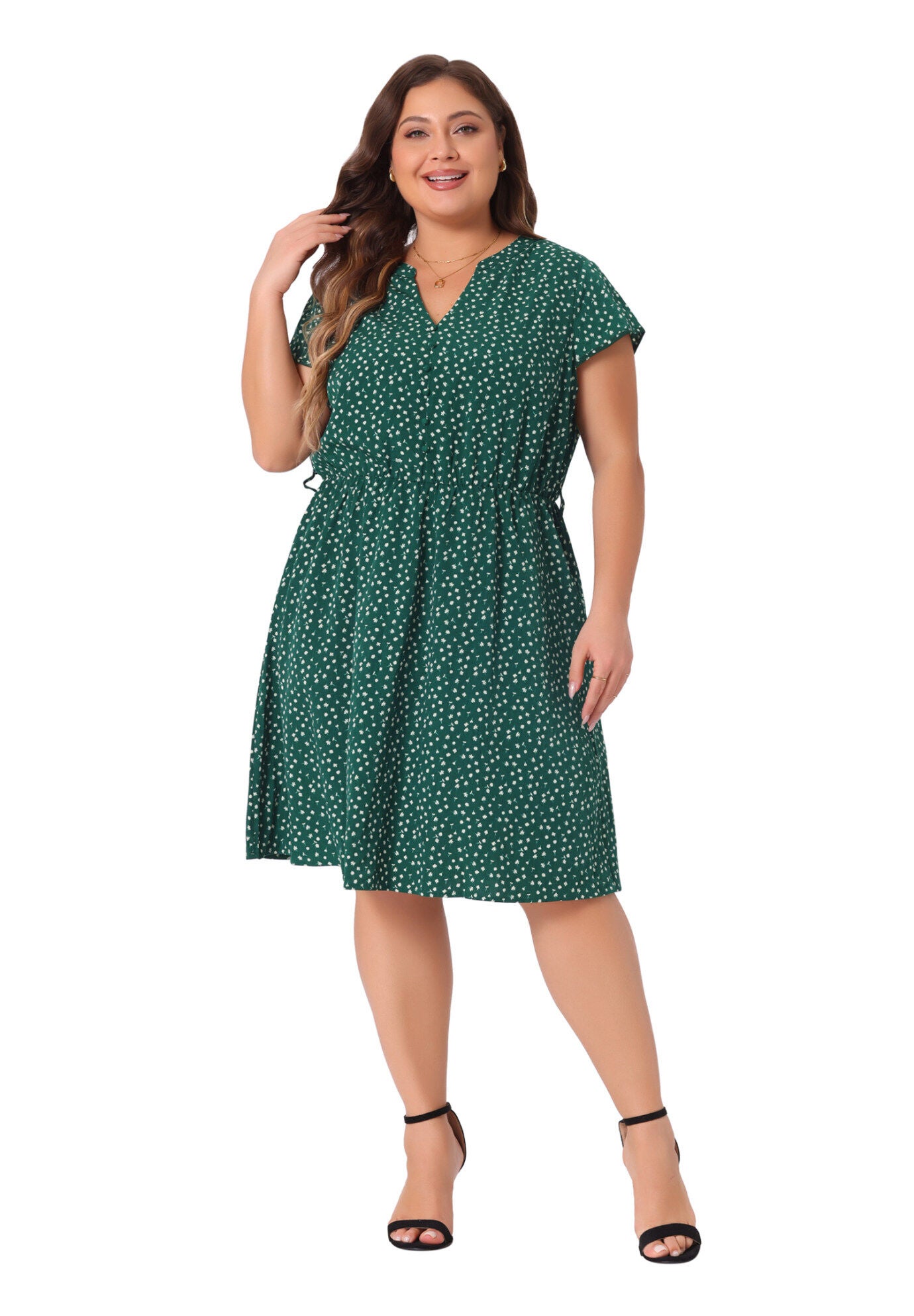 V Neck Belted Summer Floral Dress, Dark Green / Forest Green, hi-res image number 0