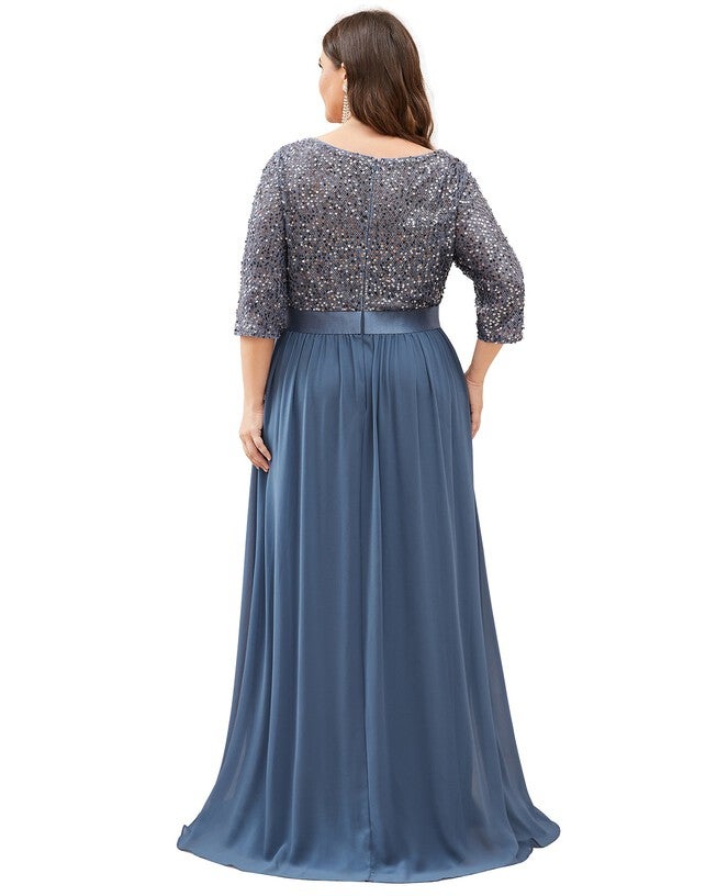 3/4 Sleeves Round Neck Evening Dress With Sequin Bodice, , alternate image number 5