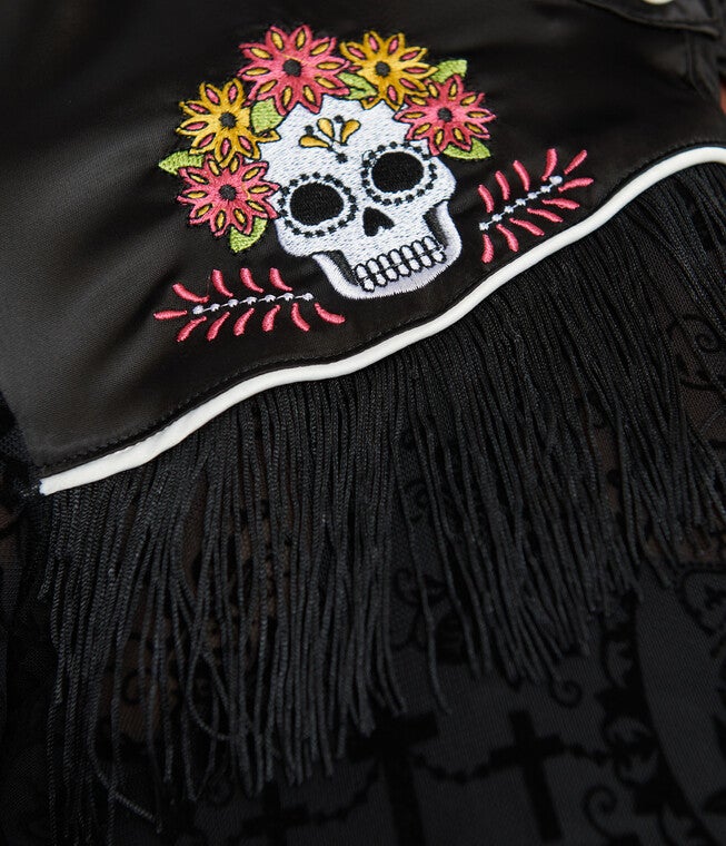 1950s Black Flocked La Caterina Dia De Los Muertos Western Duster, Black / Black, alternate image number 1