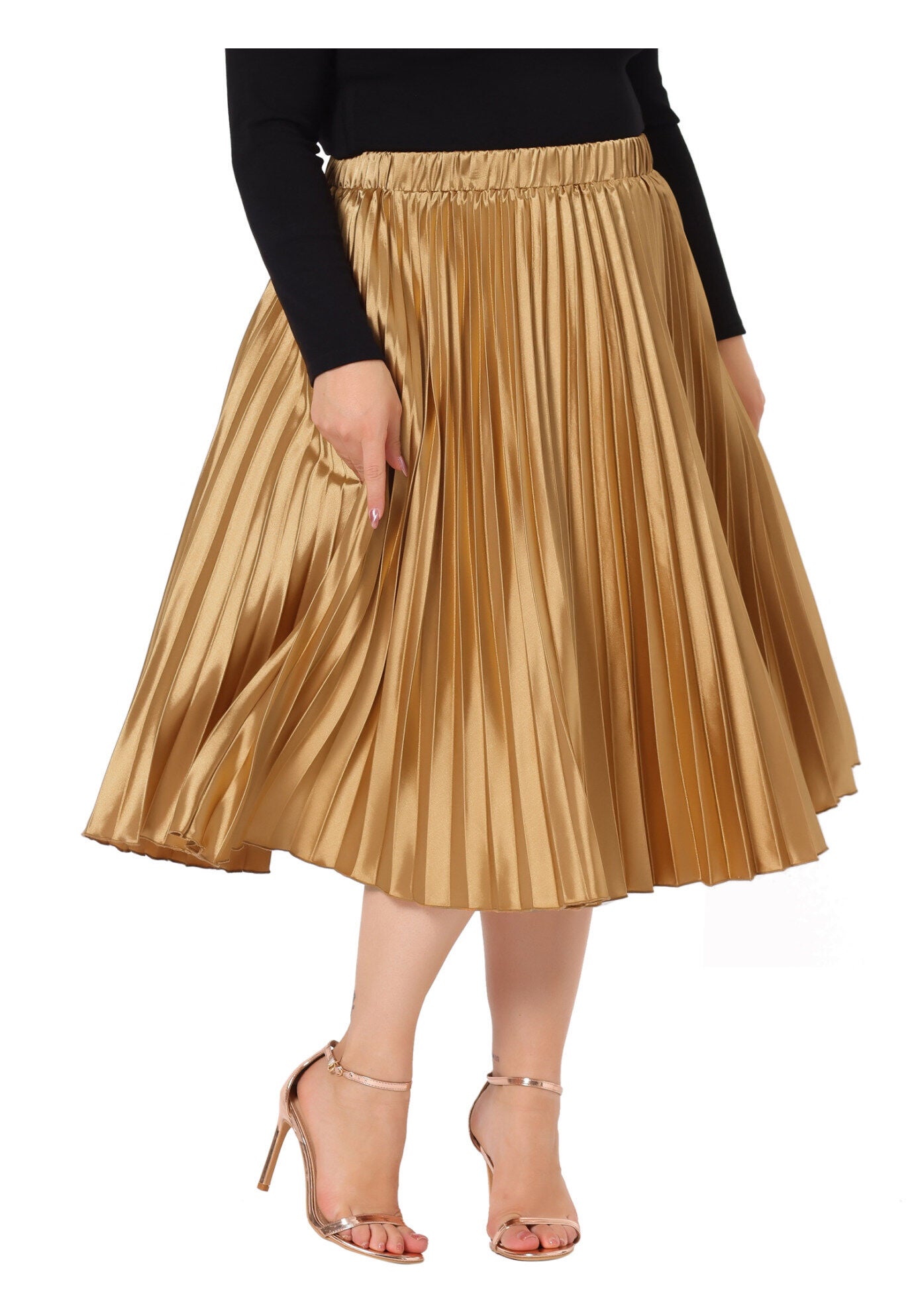 Elastic High Waist Metallic Shiny Accordion Pleated Midi Skirt, Gold / Gold, alternate image number 1