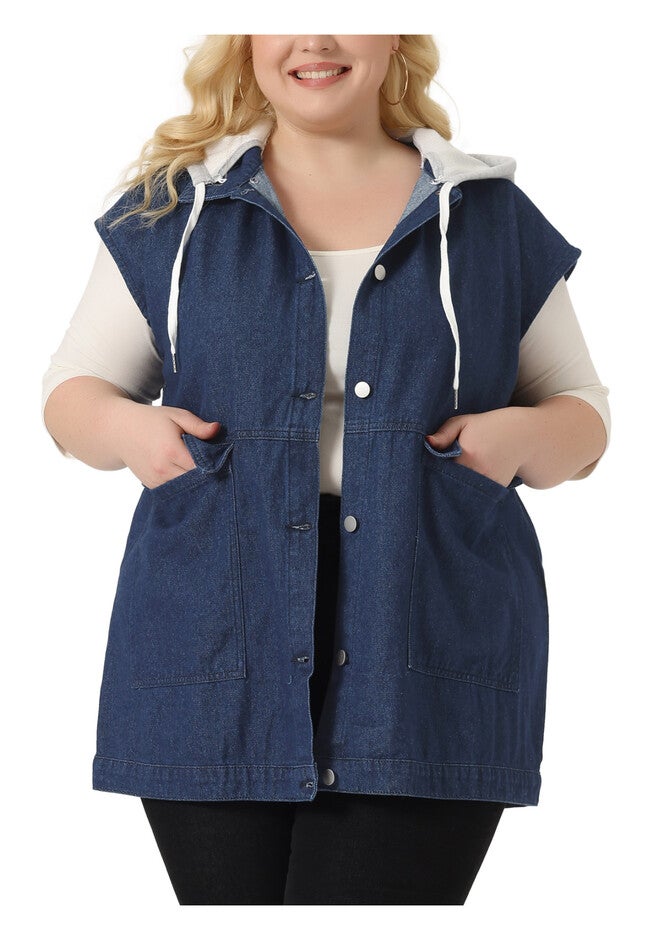 DRAWSTRING HOOD UTILITY LONG JEAN DENIM JACKET VEST, Dark Blue / Navy, alternate image number 2