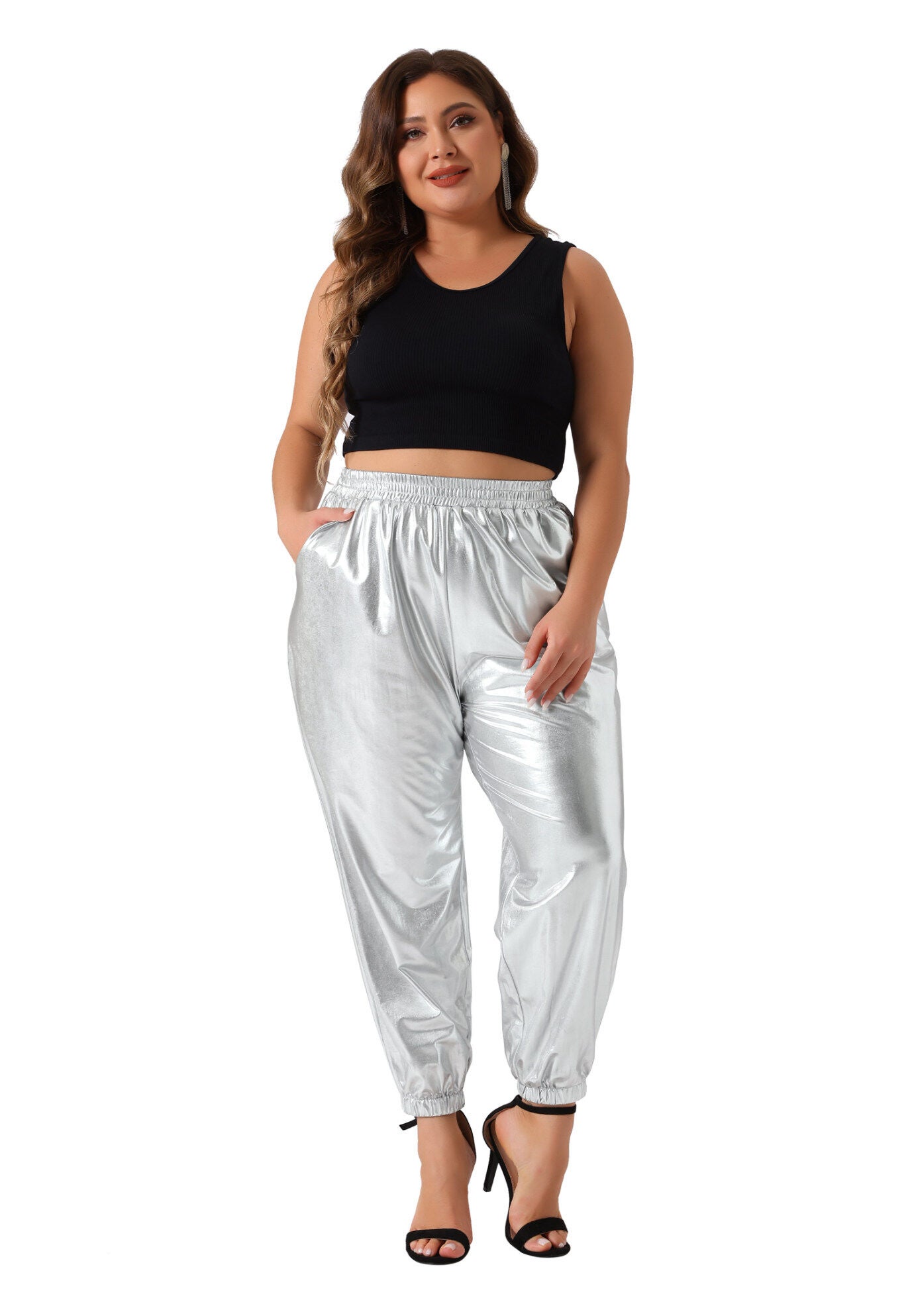METALLIC SHINY HIGH WAIST STRETCHY HOLOGRAPHIC JOGGER SWEATPANT, Silver / Silver, hi-res image number 0