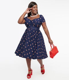 Unique Vintage 1950s Navy & Rainbow Stamp Midge Swing Dress