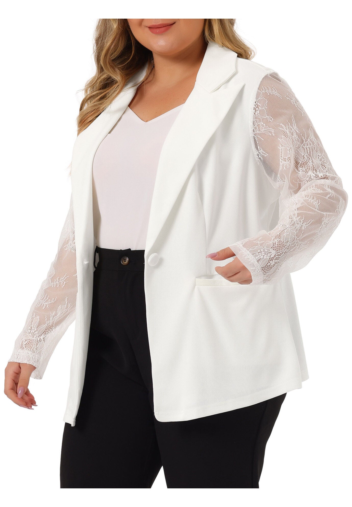 NOTCH LAPEL LACE FRONT BLAZER JACKET, White / White, alternate image number 1