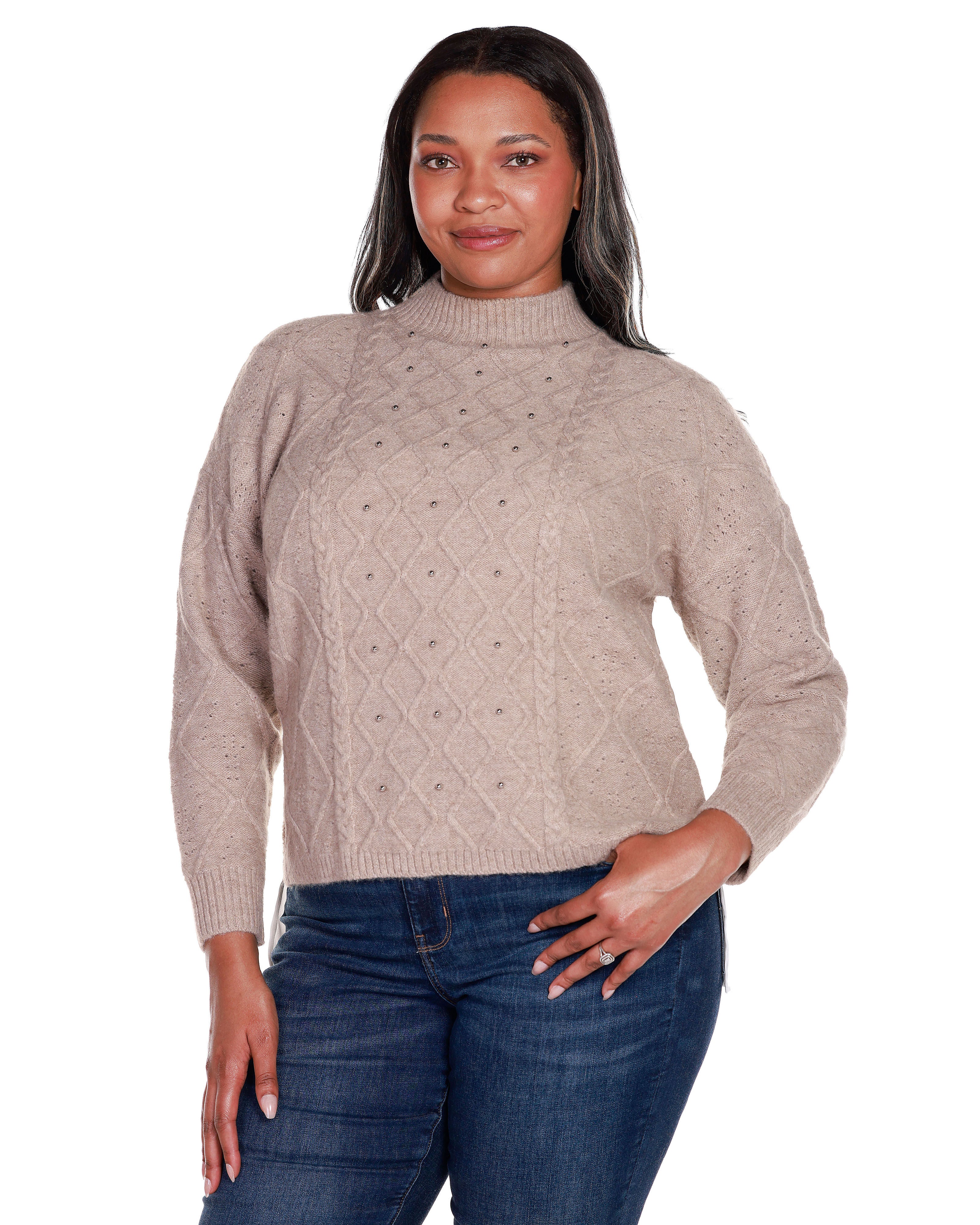 CHIFFON-BACK CABLE SWEATER, Heather TaupeWhite / Beige, hi-res image number 0