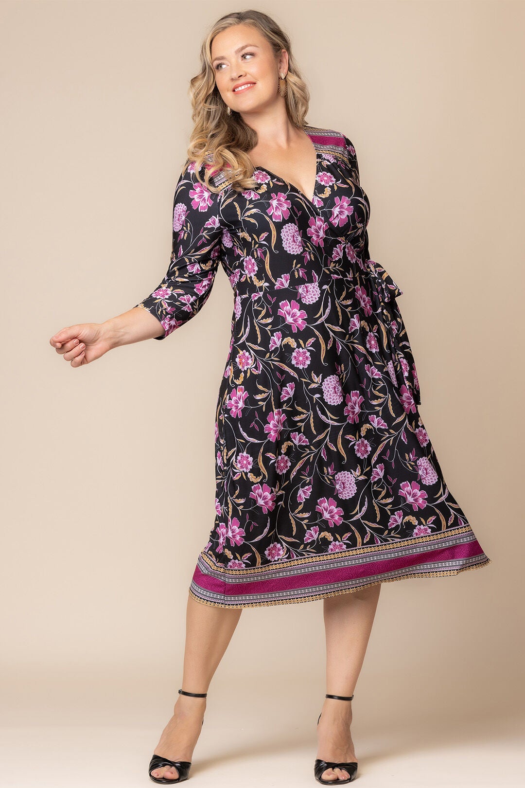 Beguiling Border Print Wrap Dress, Mauve Border Print / Black, alternate image number 4