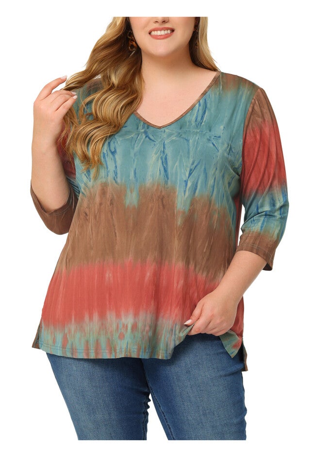 V Neck 3/4 Sleeve Loose Casual Striped Tie Dye Print T-Shirt Top, Multicolor / Brown, alternate image number 1