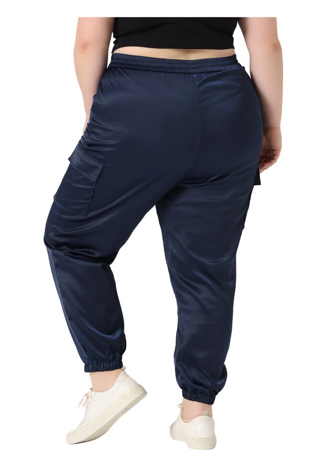 SATIN JOGGERS ELASTIC WAIST ATHLEISURE ANKLE LENGTH CARGO PANTS, Royal Blue / Royal Blue, alternate image number 3