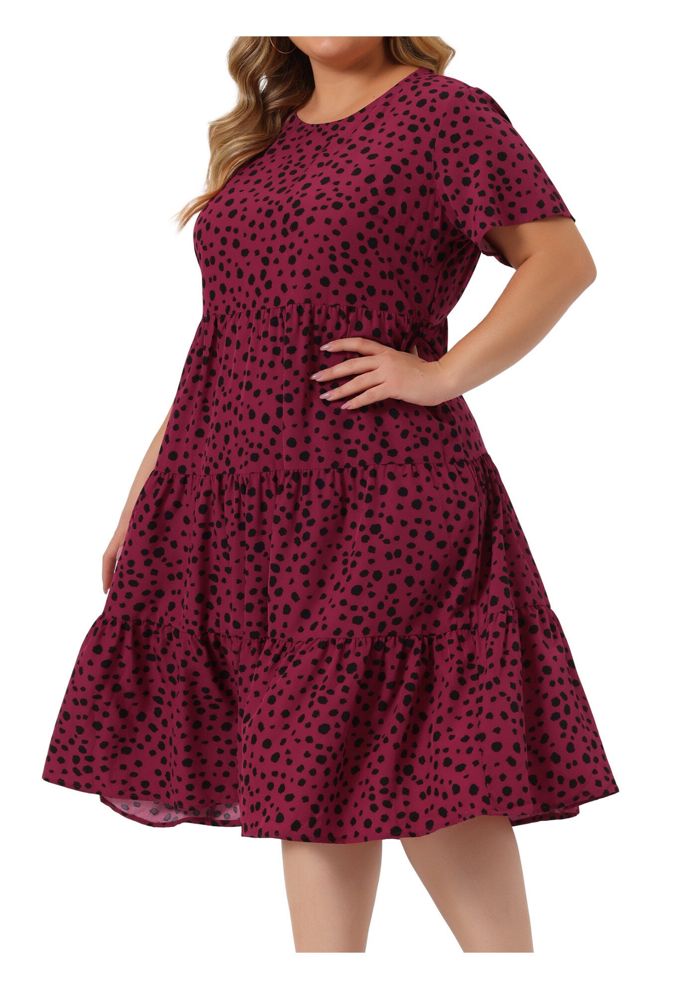 Polka Dots Short Sleeve Midi Layered Dress, Burgundy / Red, alternate image number 2