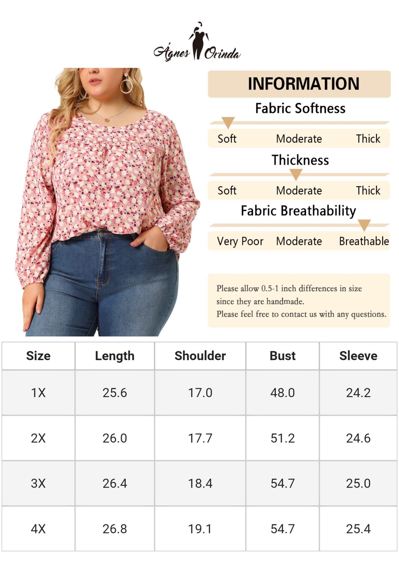 Long Sleeve Floral Print Casual Shirt Blouse Top, Pink / Pink, alternate image number 4