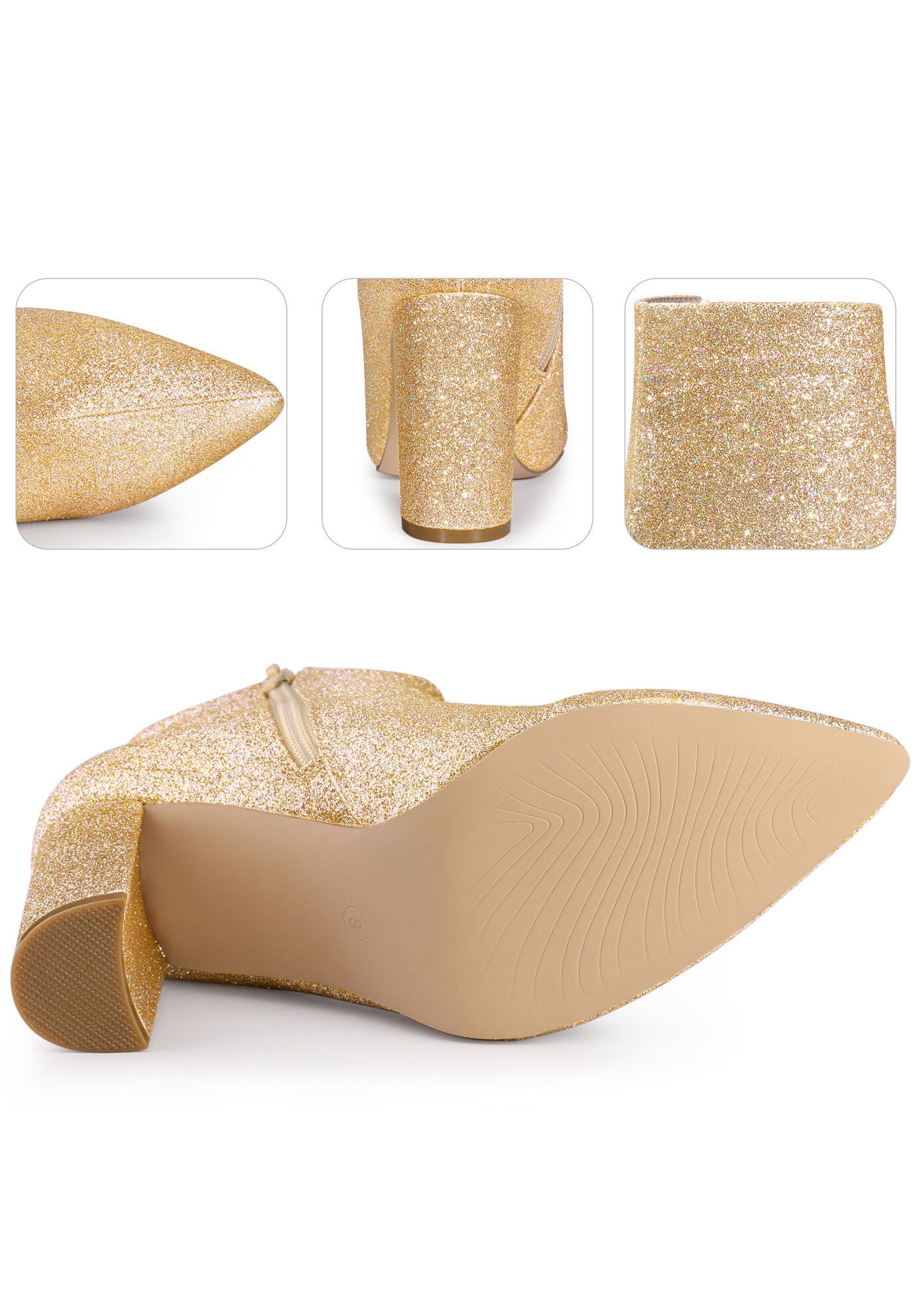 Glitter Pointed Toe Chunky Heels Sparkly Booties, Gold / Gold, alternate image number 2