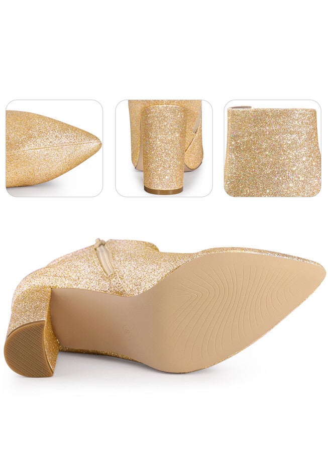 Glitter Pointed Toe Chunky Heels Sparkly Booties, Gold / Gold, alternate image number 2