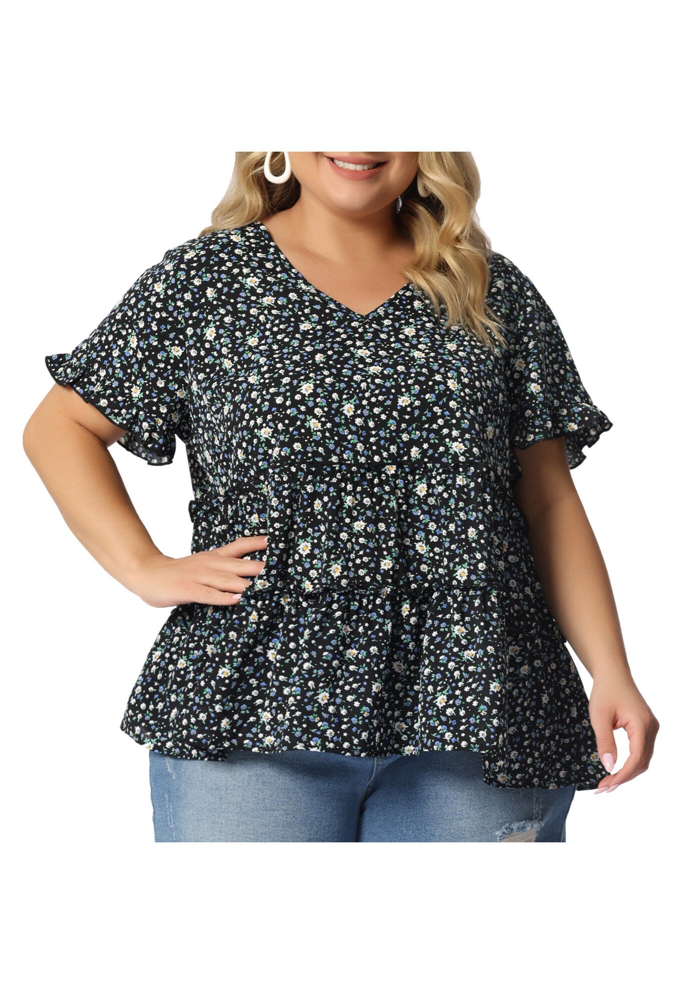 Floral Print V Neck Ruffles Sleeve Tiered Babydoll Blouse, Black / Black, alternate image number 3