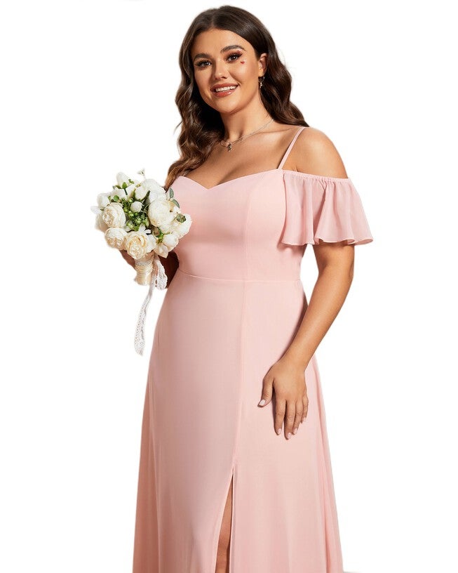 Stylish Cold Shoulder Flare Sleeves Flowy Bridesmaid Dress, Pink / Pink, alternate image number 4