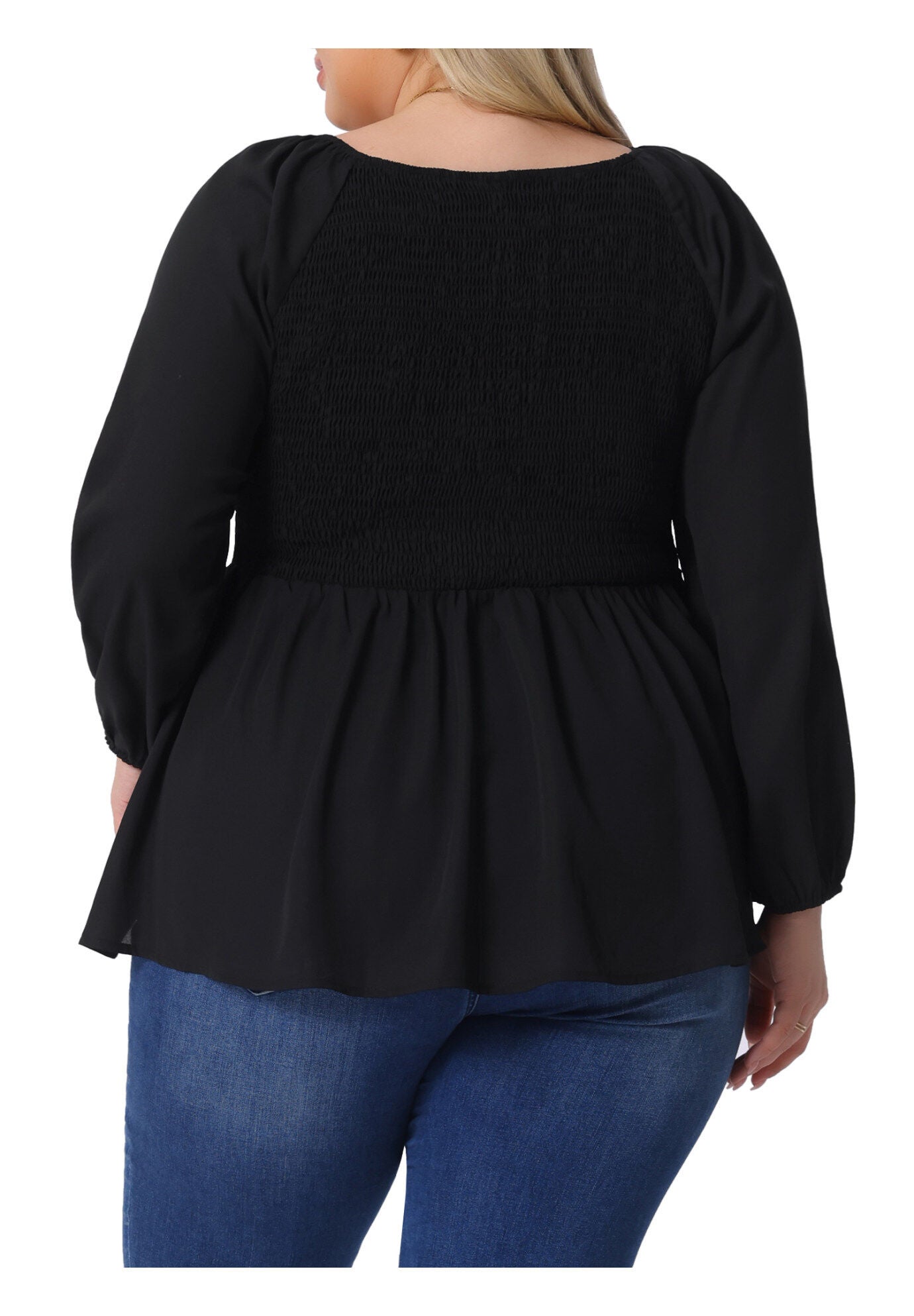 Smocked Peplum Crew Neck Long Sleeve Babydoll Chiffon Shirt Top, Black / Black, alternate image number 3
