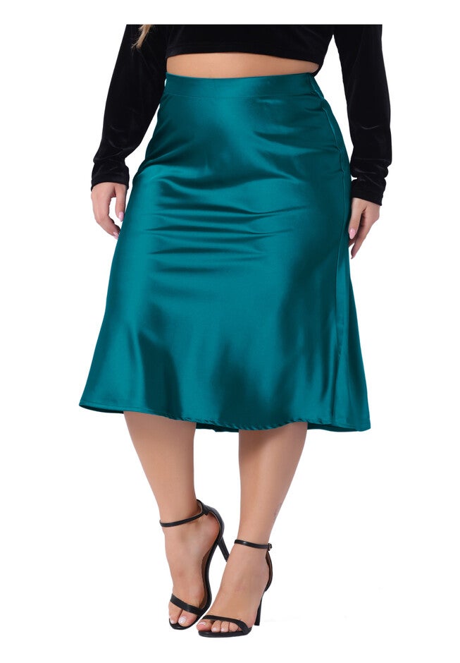Silky Satin High Waist Hidden Elasticized Waistband Midi Skirt, Peacock Blue / Teal, alternate image number 1