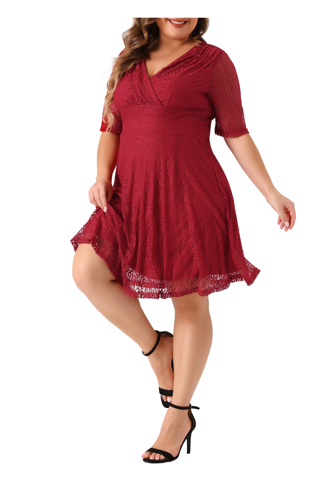 Lace Swing A-Line Cocktail Midi Dress, Red / Red, alternate image number 3