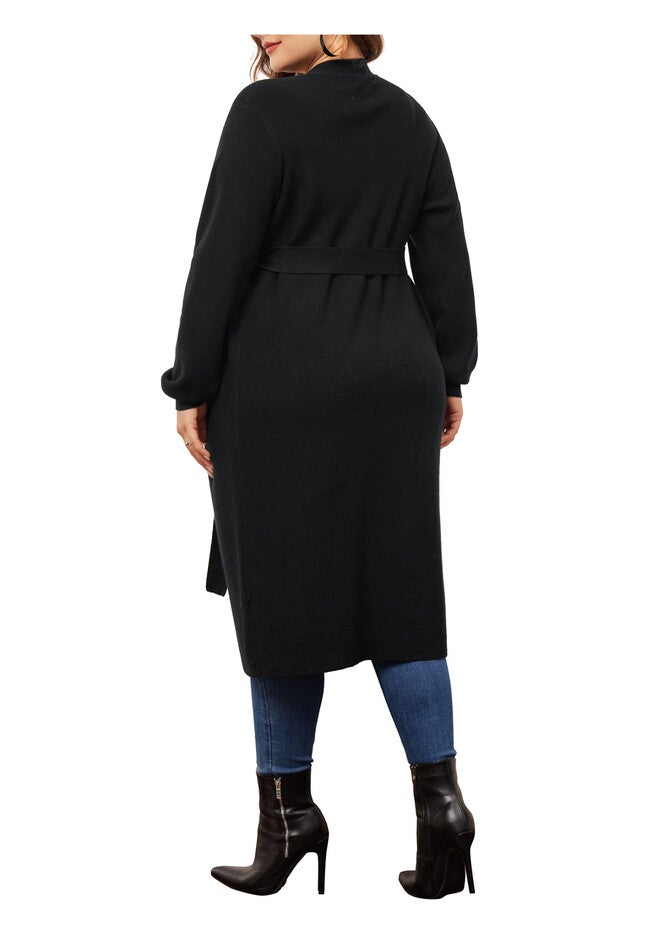 KNIT SWEATER BELTED OVERWEAR LONG CARDIGAN, Black / Black, alternate image number 4