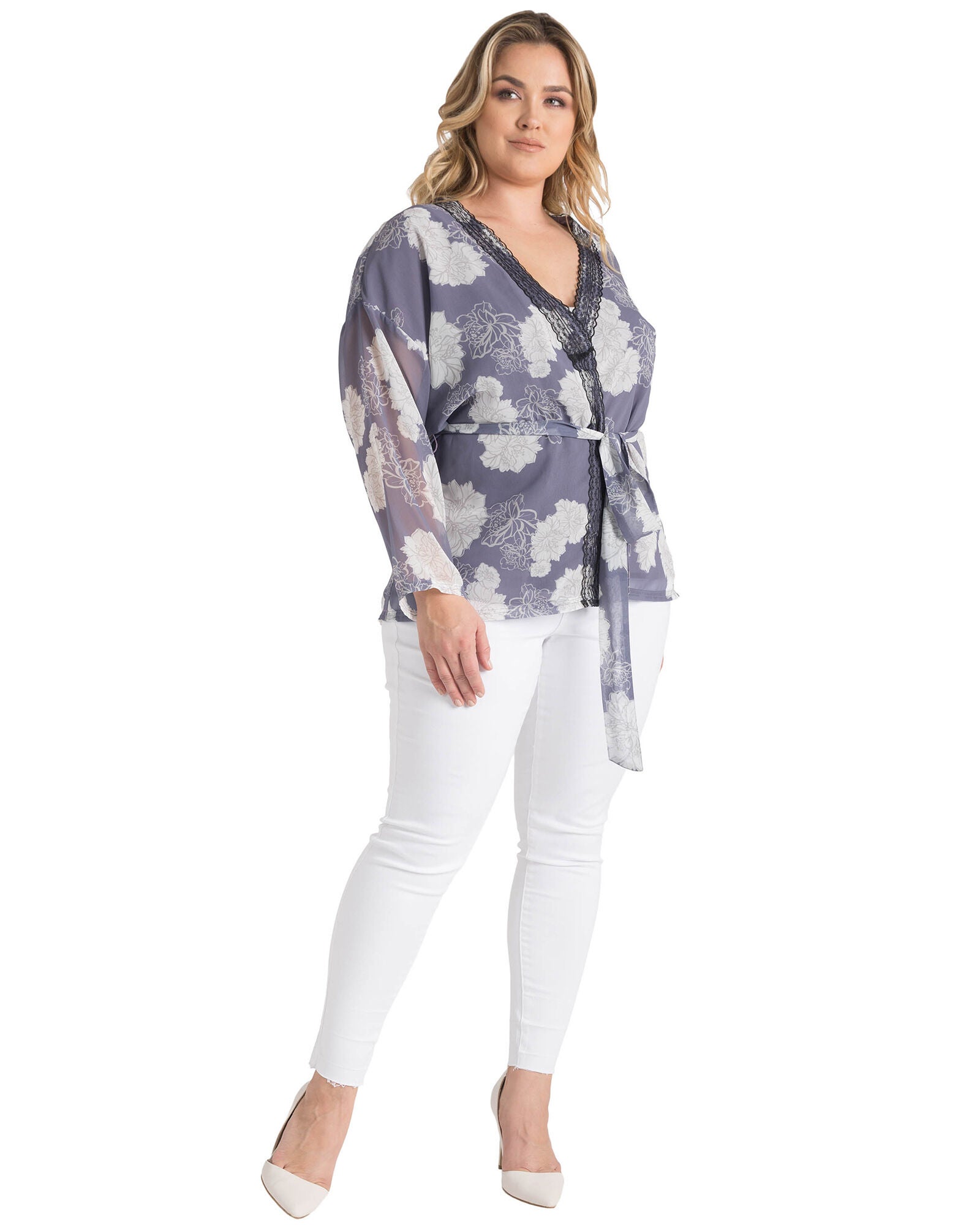Plus Size Irna Floral Print Belted Kimono Cardigan Cover Up, Purple / Purple, alternate image number 1