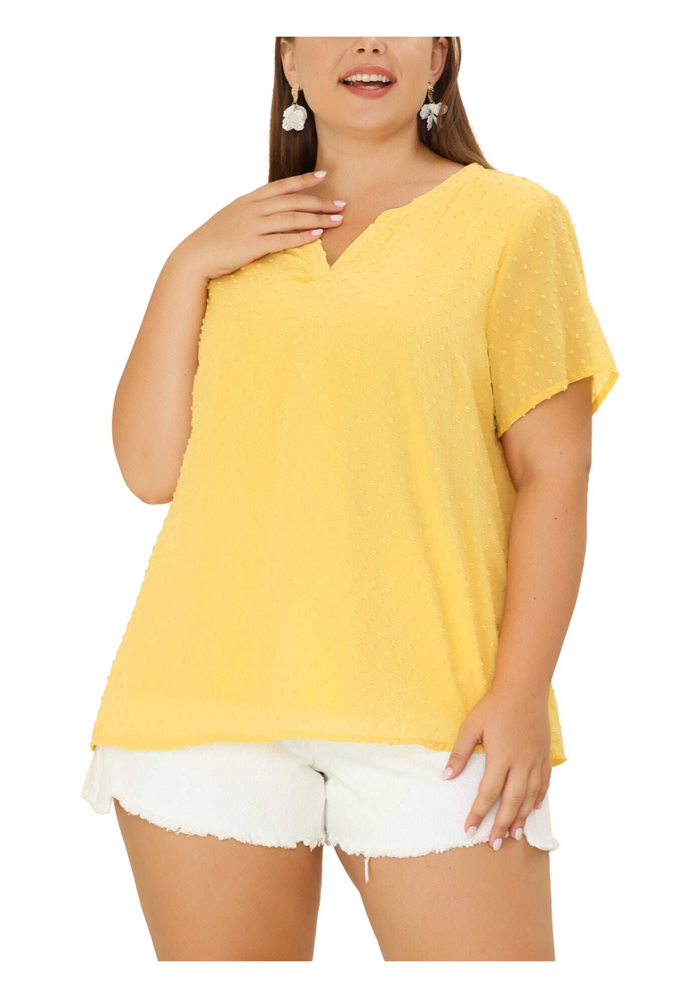 Swiss Dots Notched Neck Short Sleeve Basic Blouse, Yellow / Yellow, hi-res image number 0