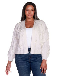 EMBELLISHED OPEN-FRONT CABLE CARDIGAN SWEATER