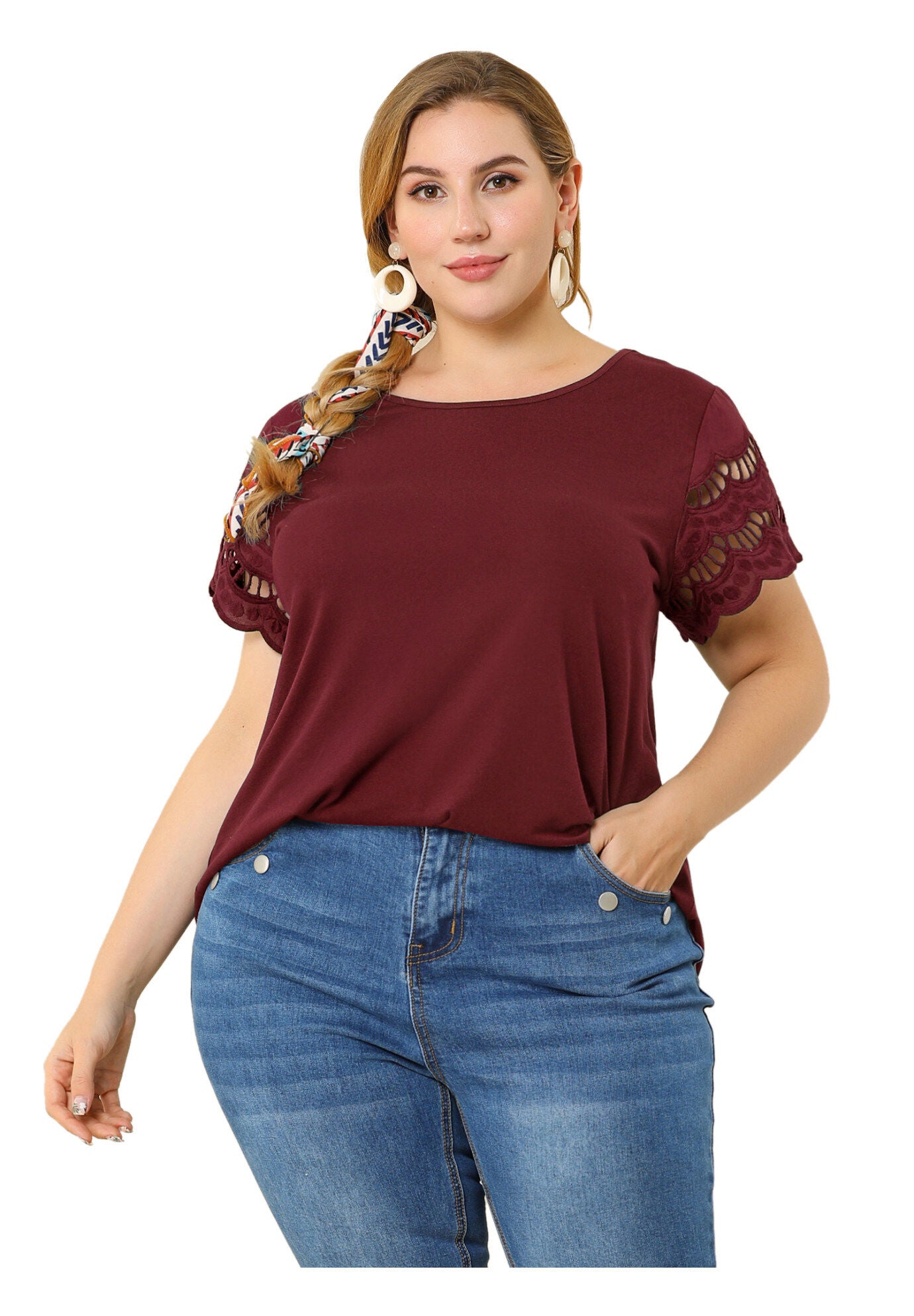 Lace Panel Hollow Short Sleeve Summer Blouse, Wine Red / Burgundy, alternate image number 3