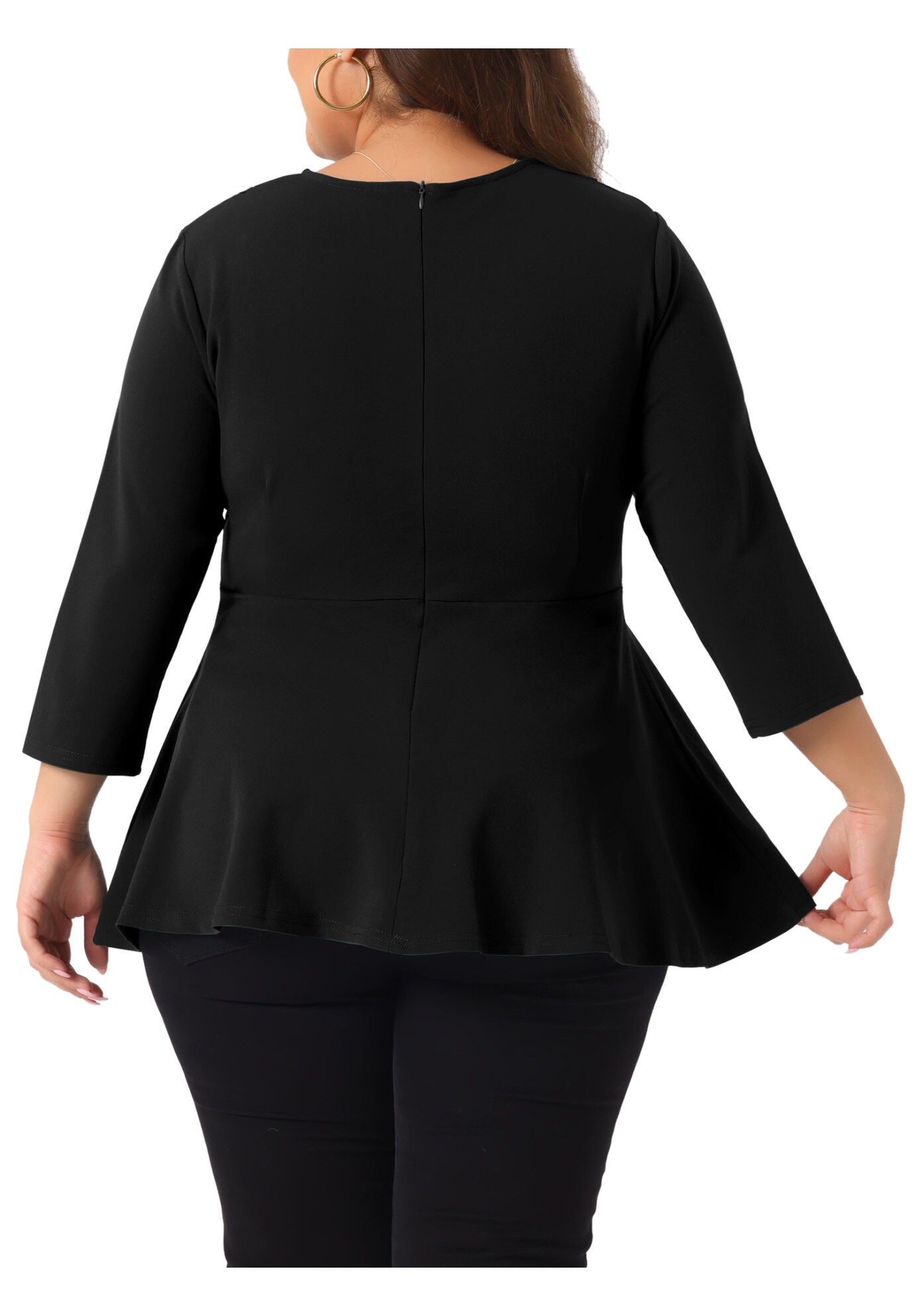 Crew Neck 3/4 Sleeve Peplum Top, Black / Black, alternate image number 3