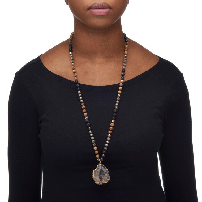 Genuine Brown Agate and Multi-color Jasper Goldtone Drop Necklace, 32 inches, , alternate image number 5