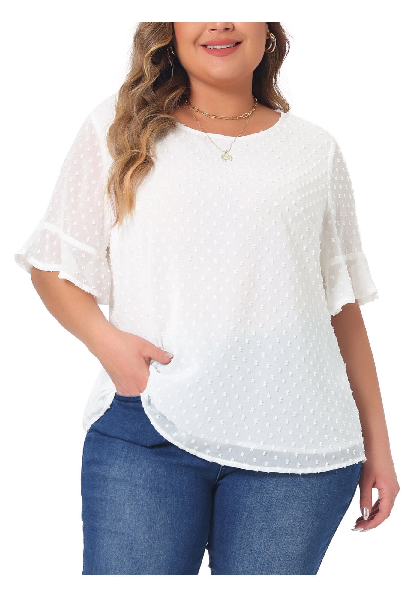 ROUND NECK RUFFLE SLEEVE SWISS DOTS TEE T-SHIRT TOP, White / White, alternate image number 1