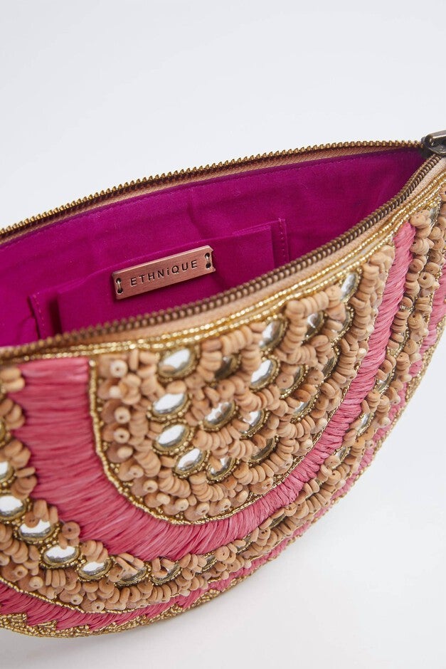 Sandia Raffia Clutch Wristlet Bag in Gold/Pink, , alternate image number 2