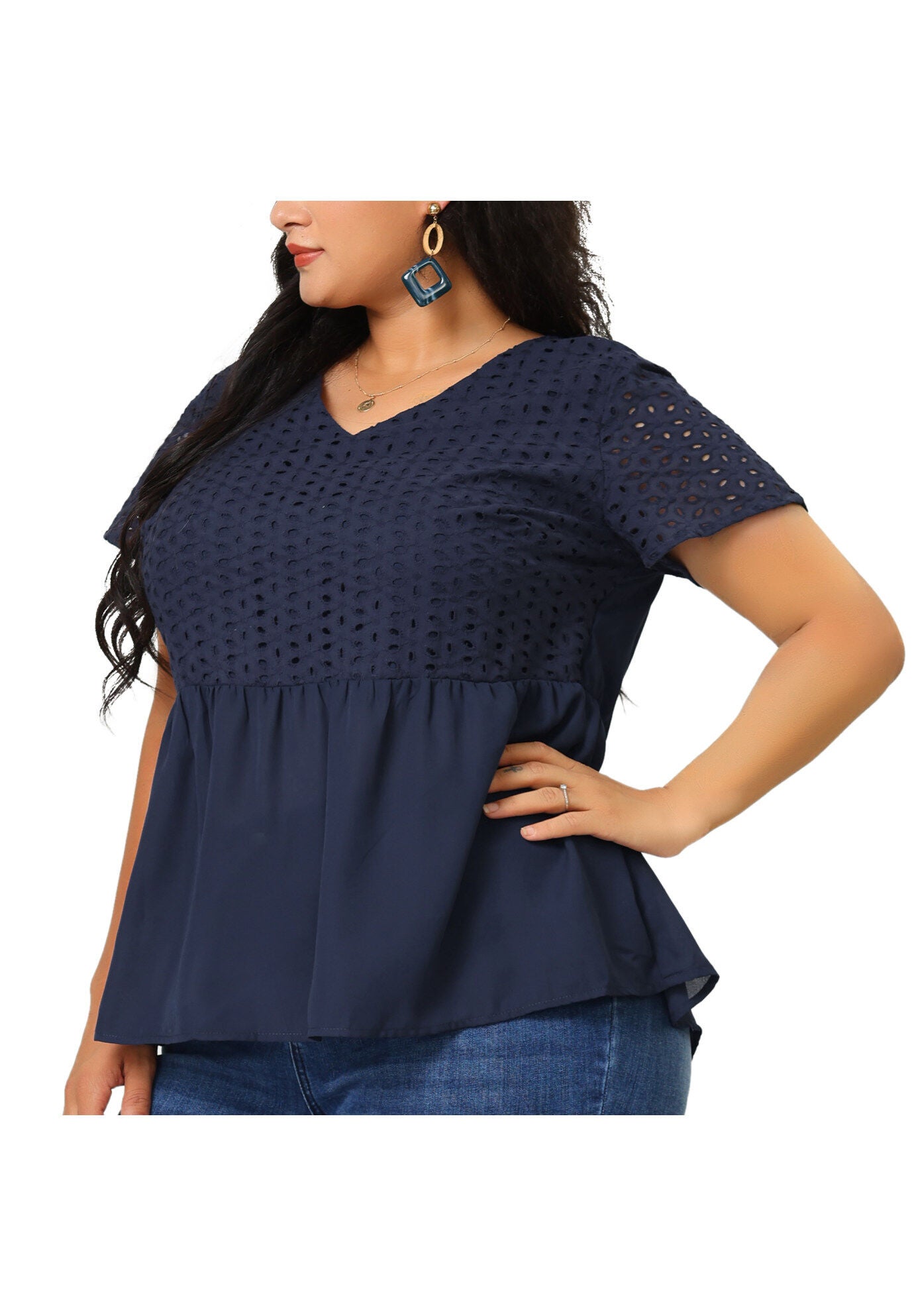 PEPLUM BLOUSE SUMMER SHORT SLEEVES V NECK BABYDOLL TOP, Dark Blue / Navy, alternate image number 1